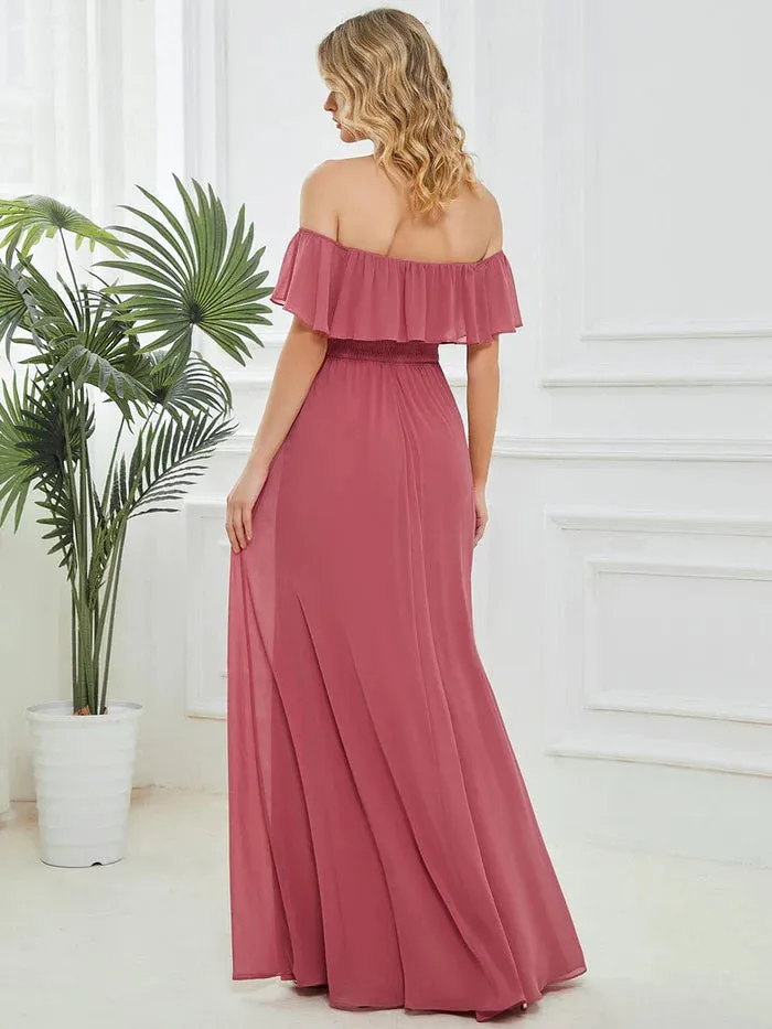 Off Shoulder Chiffon Maxi Bridesmaid Dresses with Side Split