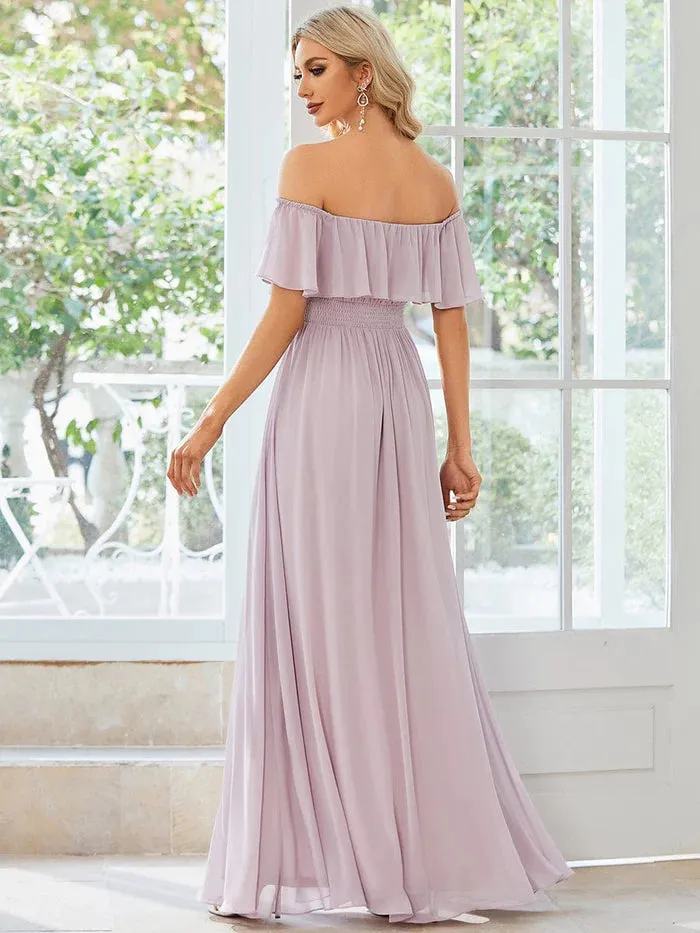 Off The Shoulder Maxi Chiffon Bridesmaid Dresses With Side Split