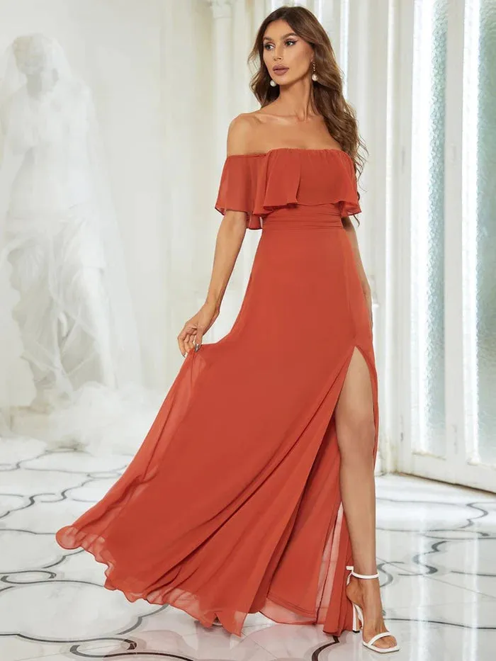 Off The Shoulder Maxi Chiffon Bridesmaid Dresses With Side Split