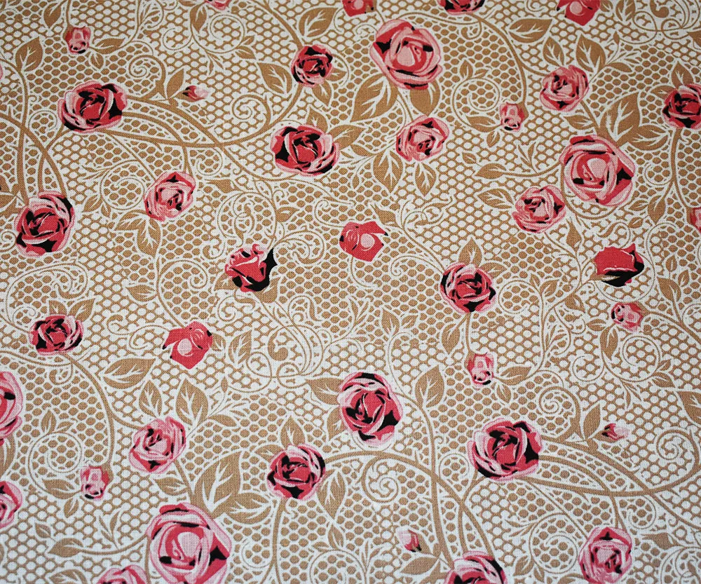 Pink-Beige-Multi Floral Mesh Pattern Printed Linen Woven Fabric