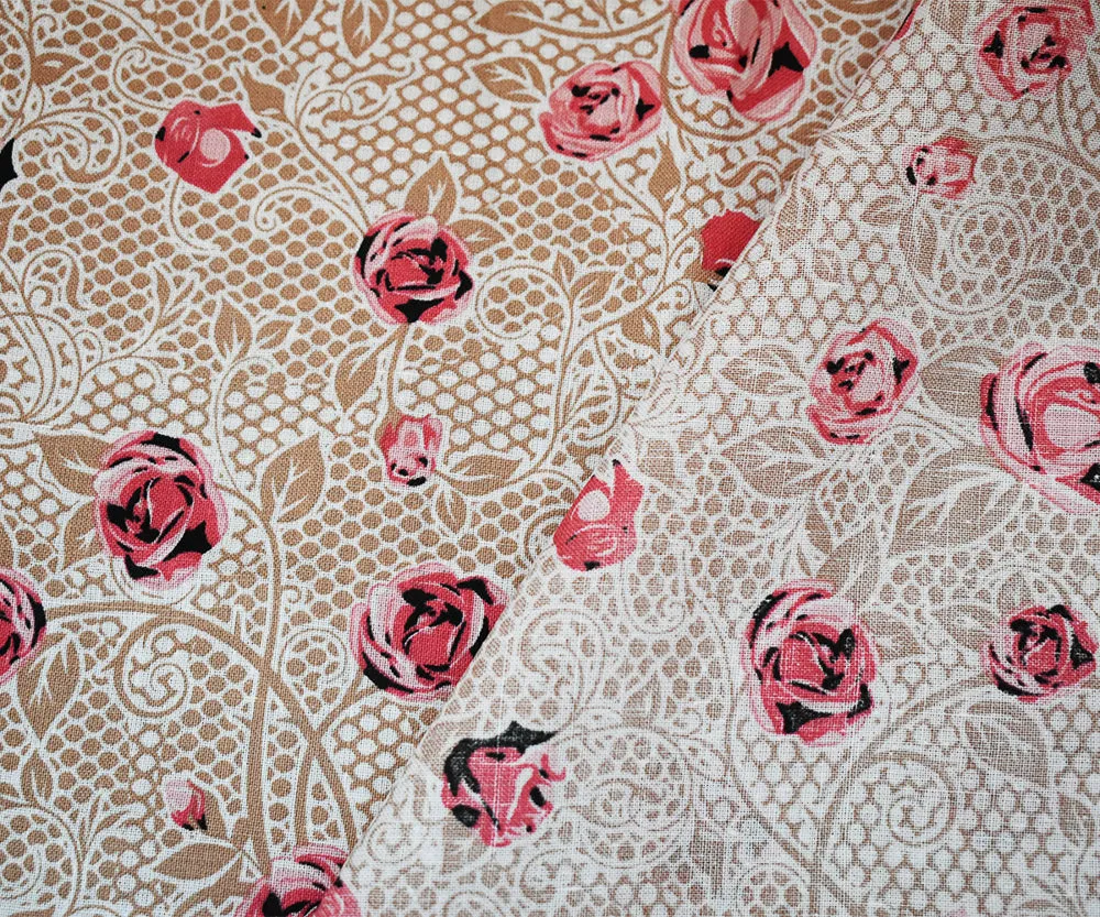 Pink-Beige-Multi Floral Mesh Pattern Printed Linen Woven Fabric