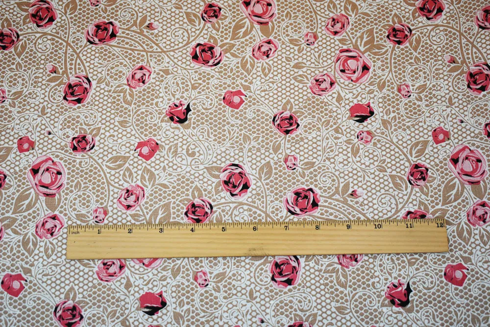 Pink-Beige-Multi Floral Mesh Pattern Printed Linen Woven Fabric