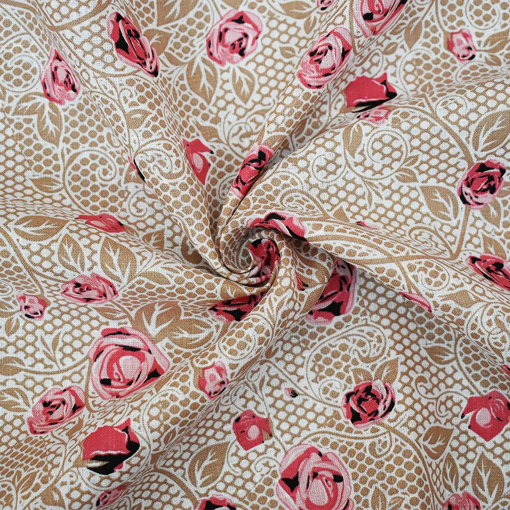 Pink-Beige-Multi Floral Mesh Pattern Printed Linen Woven Fabric