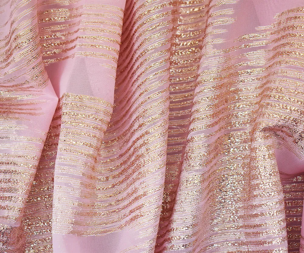 Pink-Gold-Silver Nylon Blend Metallic Abstract Organza Jacquard Woven Fabric