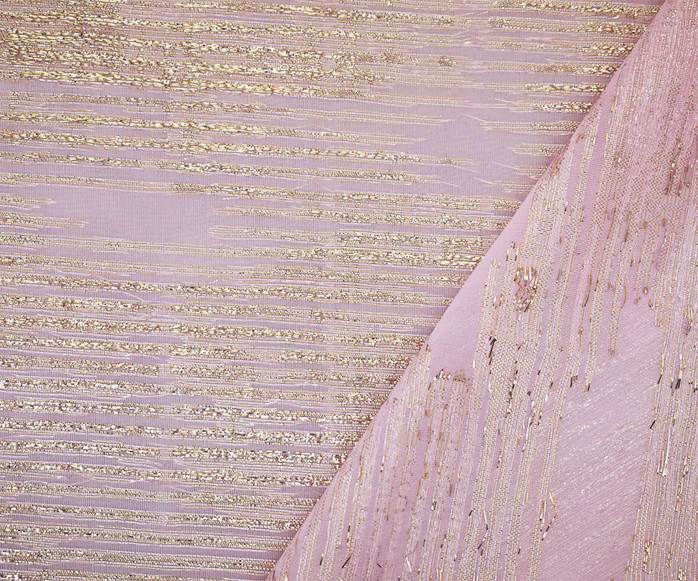 Pink-Gold-Silver Nylon Blend Metallic Abstract Organza Jacquard Woven Fabric