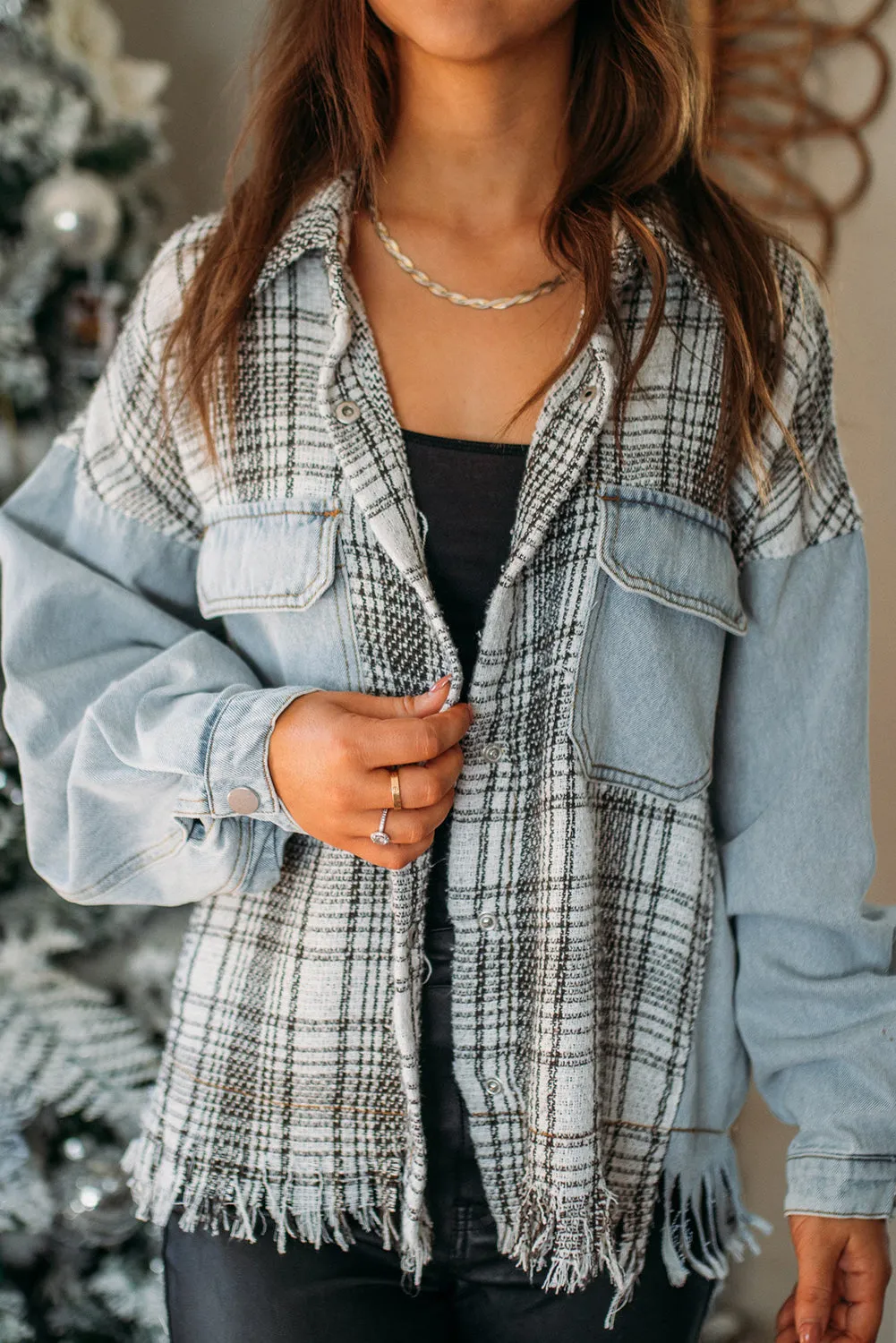 Plaid Patchwork Fringed Flap Pockets Denim Jacket