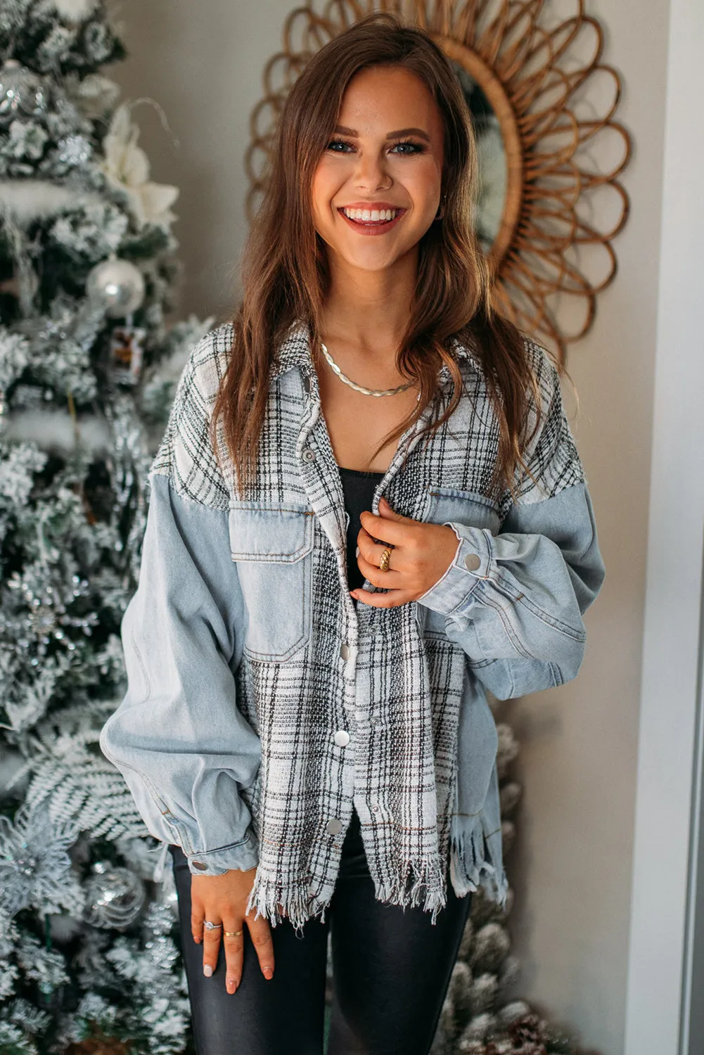 Plaid Patchwork Fringed Flap Pockets Denim Jacket