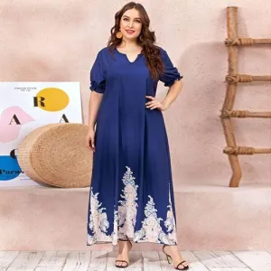 Plus Size V-Neck Short Sleeve Floral Print Casual Maxi Dress