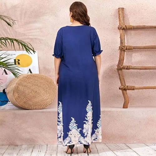 Plus Size V-Neck Short Sleeve Floral Print Casual Maxi Dress