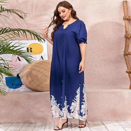 Plus Size V-Neck Short Sleeve Floral Print Casual Maxi Dress