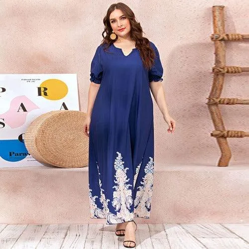 Plus Size V-Neck Short Sleeve Floral Print Casual Maxi Dress