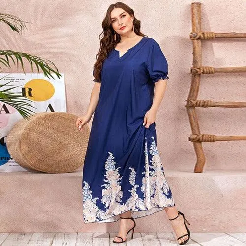 Plus Size V-Neck Short Sleeve Floral Print Casual Maxi Dress