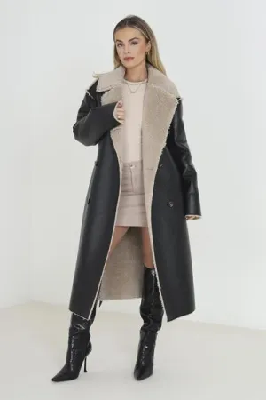 PU TRENCH COAT WITH SHERPA FLEECE LINING