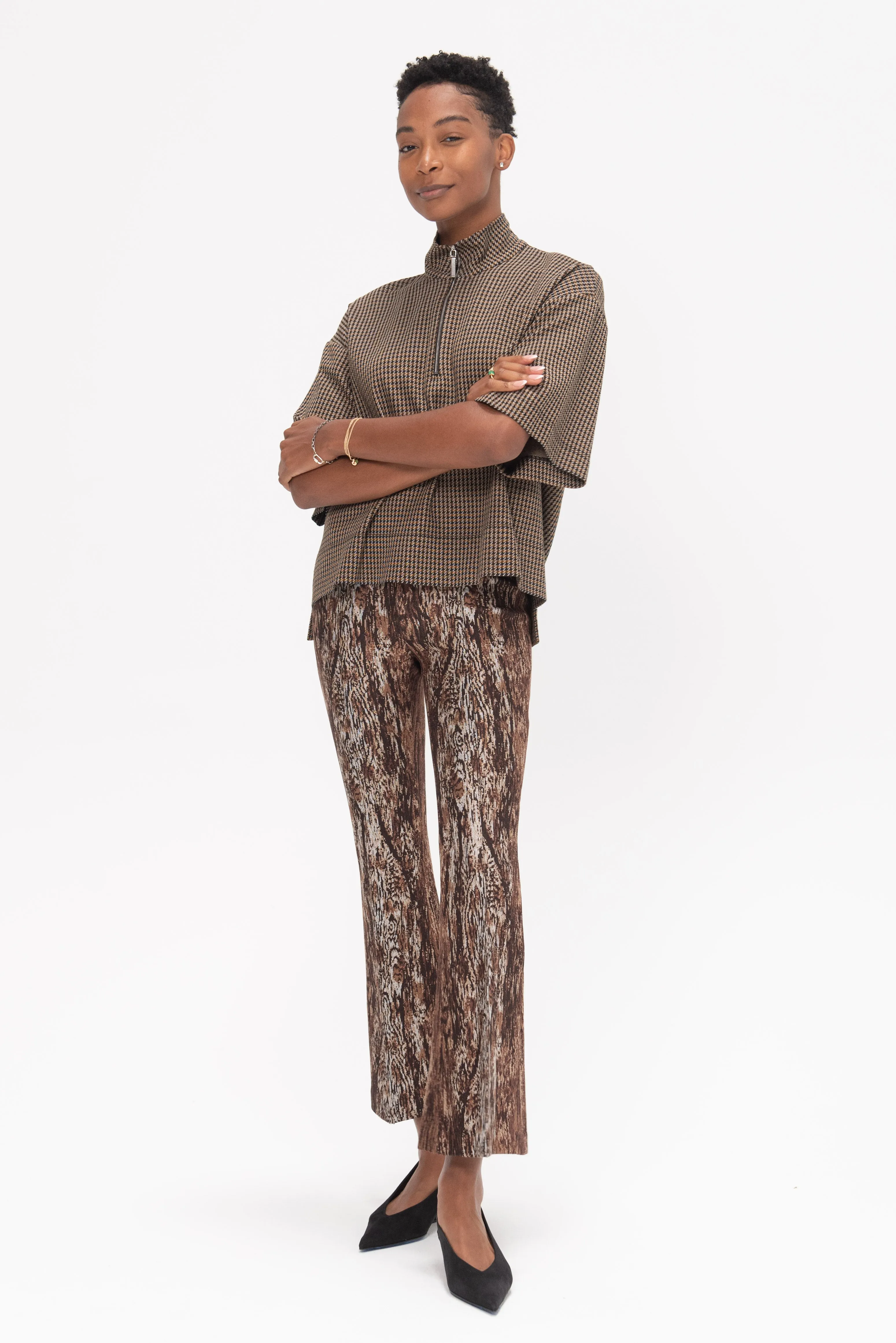 Pull On Cropped Flare Pant - Woodgrain, Brown