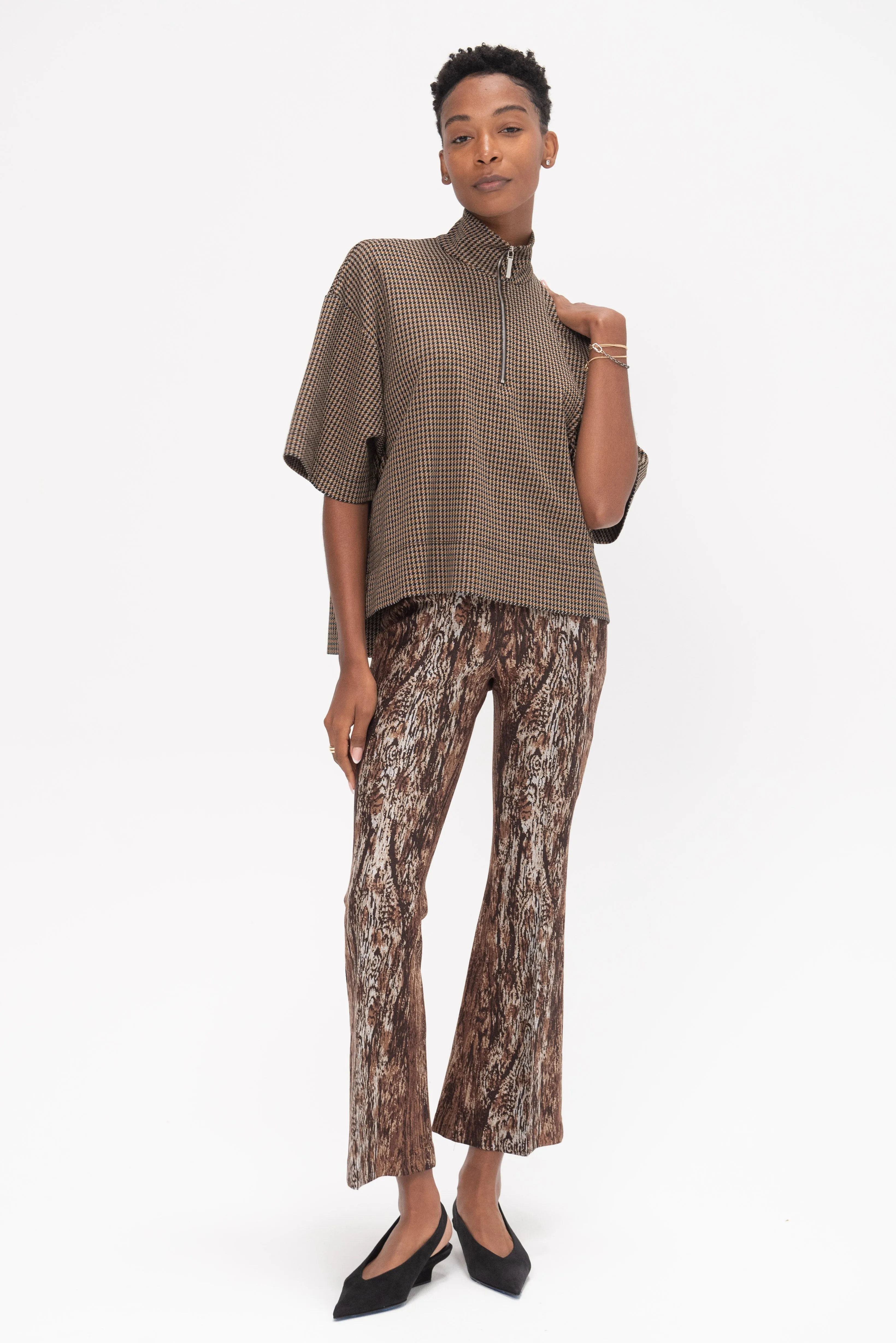 Pull On Cropped Flare Pant - Woodgrain, Brown