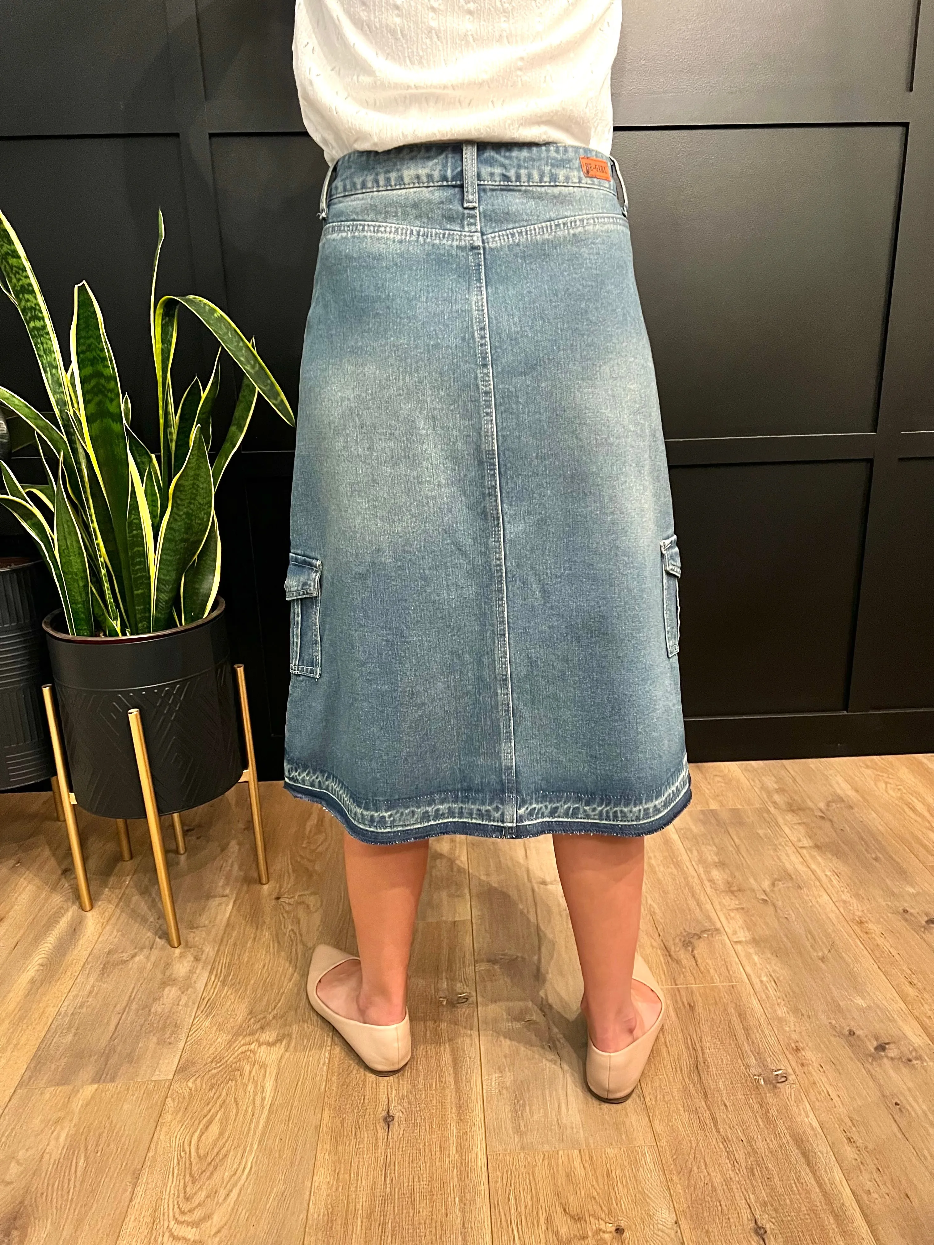 "Piper" A-Line Denim Skirt with Cargo Pockets