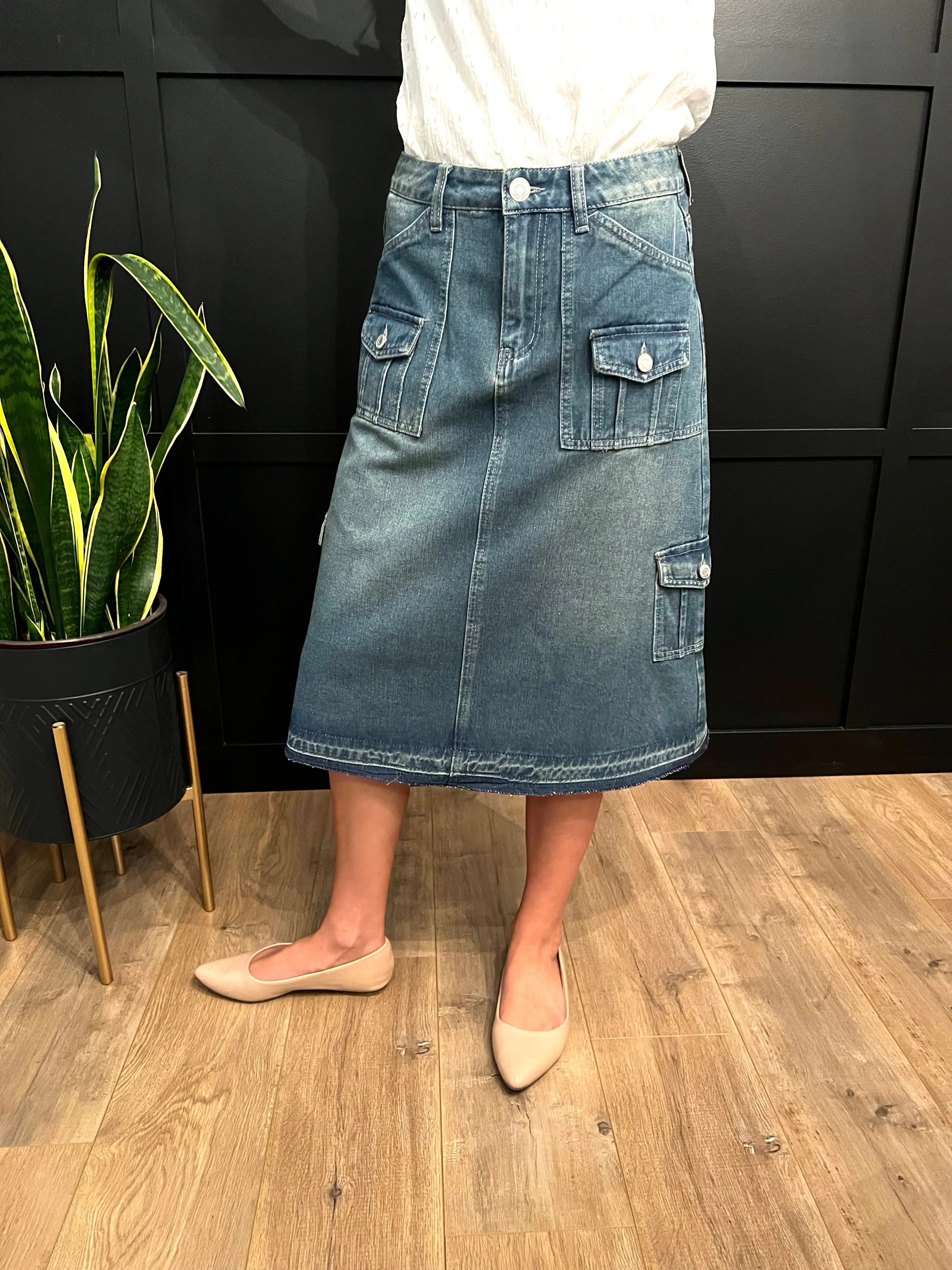 "Piper" A-Line Denim Skirt with Cargo Pockets