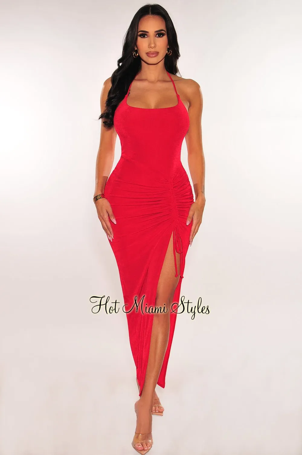 Red Ribbed Shimmery Halter Drawstring Slit Maxi Dress