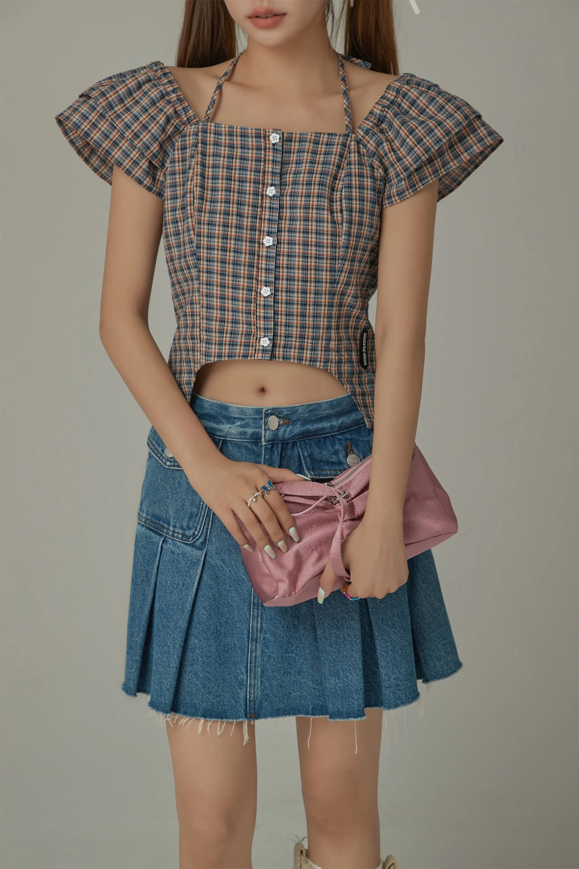 Side Garter Check Buttoned Blue Blouse