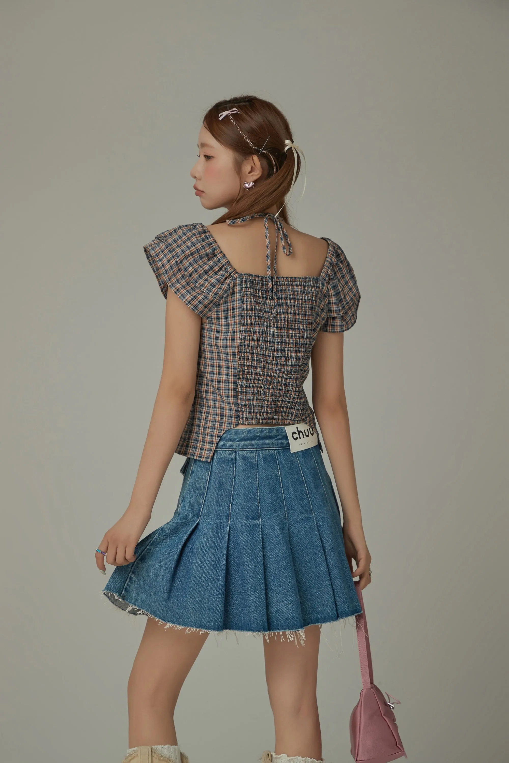 Side Garter Check Buttoned Blue Blouse