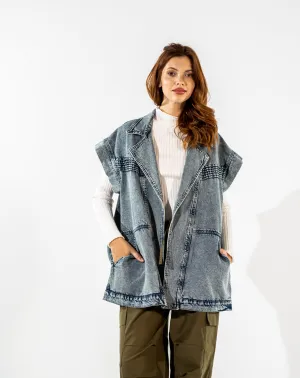 SLEEVELESS DENIM JACKET-DARK BLUE