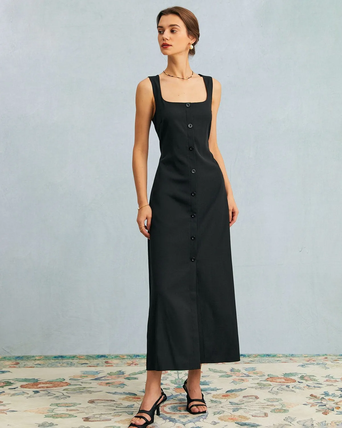 The Black U Neck Tie Back Sleeveless Maxi Dress