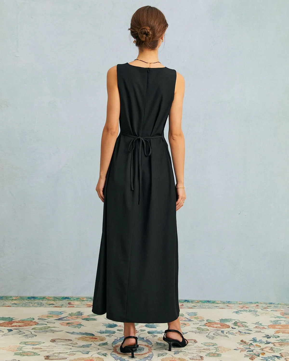 The Black U Neck Tie Back Sleeveless Maxi Dress