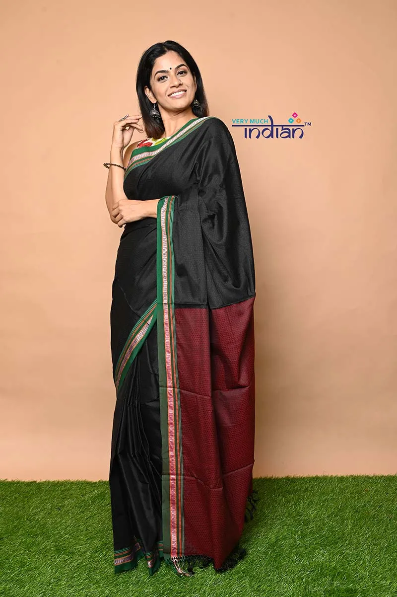 Traditional Khun Saree – Cotton Resham Authentic Handwoven Saree, Black with Green Border