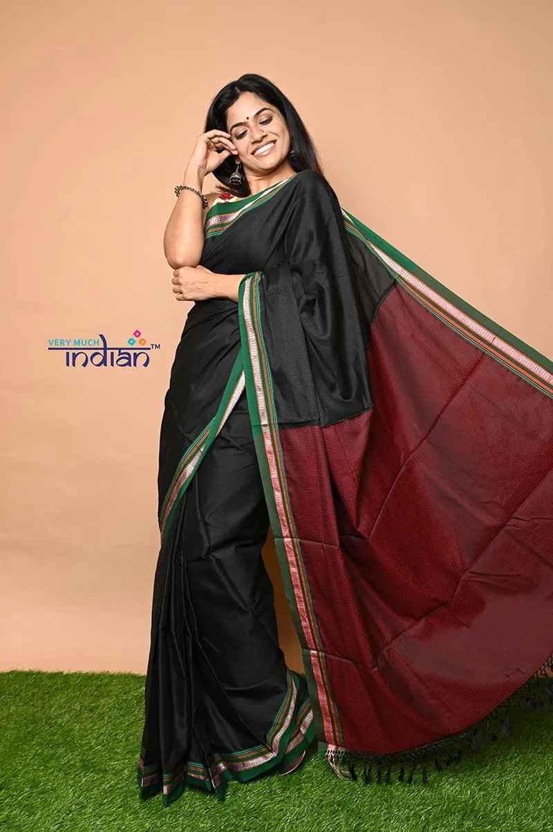 Traditional Khun Saree – Cotton Resham Authentic Handwoven Saree, Black with Green Border