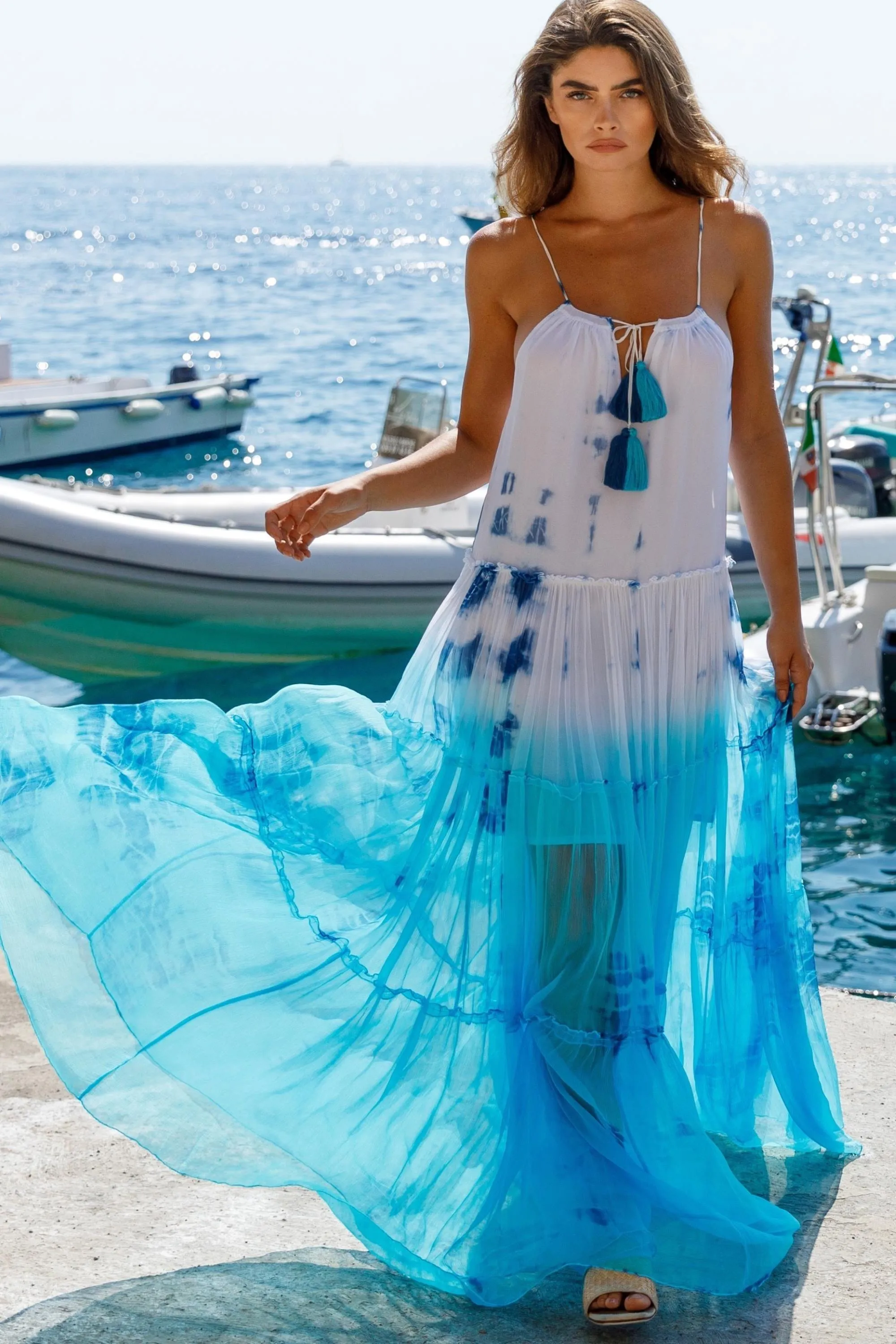 Turquoise White Blue Silk Maxi Dress