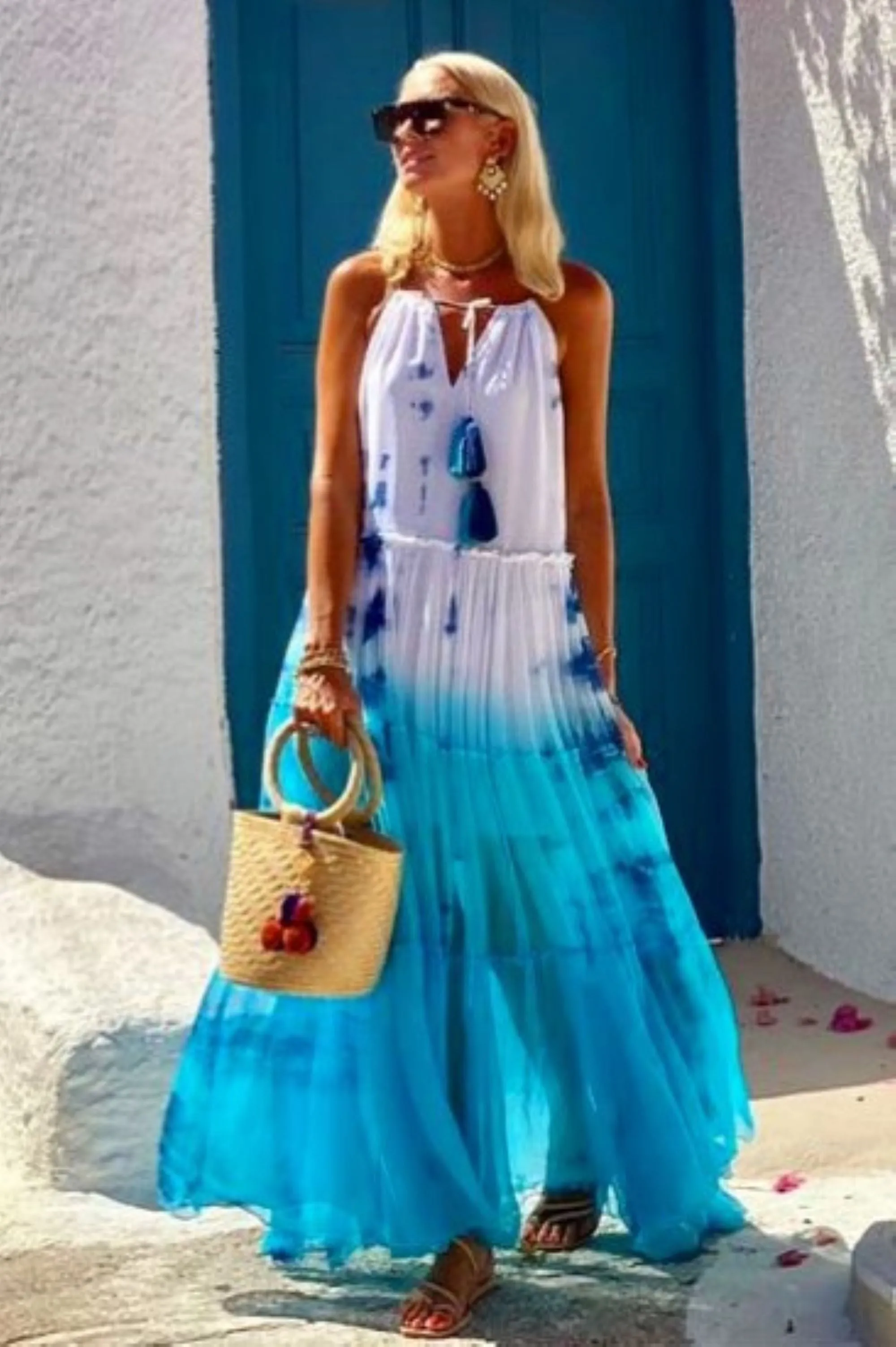 Turquoise White Blue Silk Maxi Dress