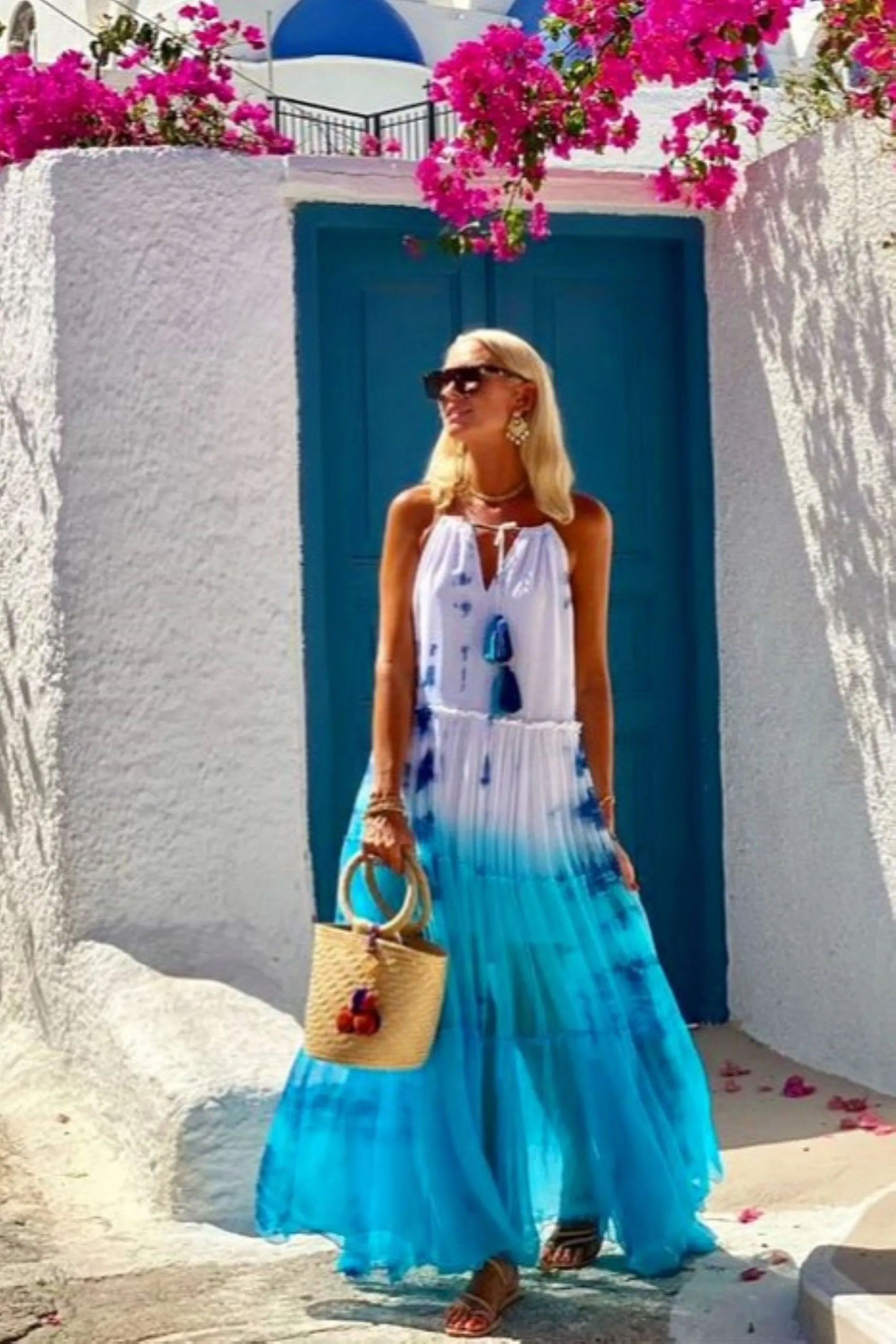 Turquoise White Blue Silk Maxi Dress