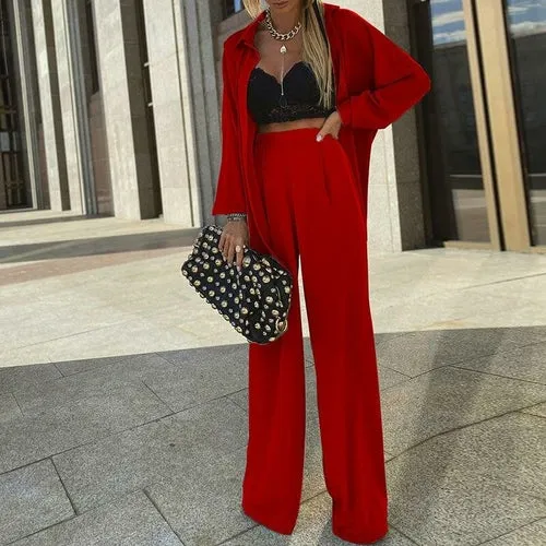 Two Piece Turn-down Collar Button Cardigan Wide Leg Pants