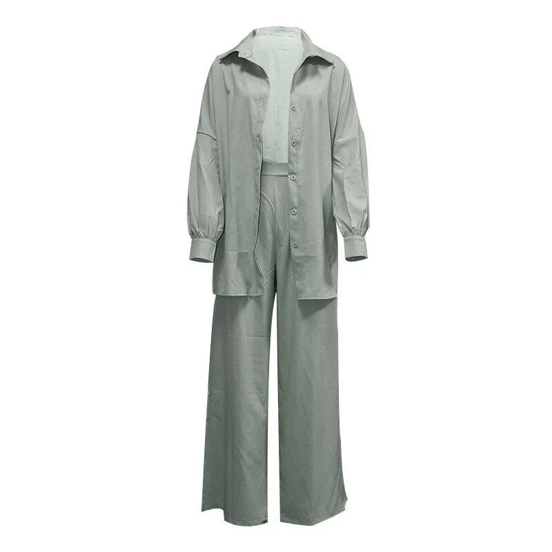 Two Piece Turn-down Collar Button Cardigan Wide Leg Pants