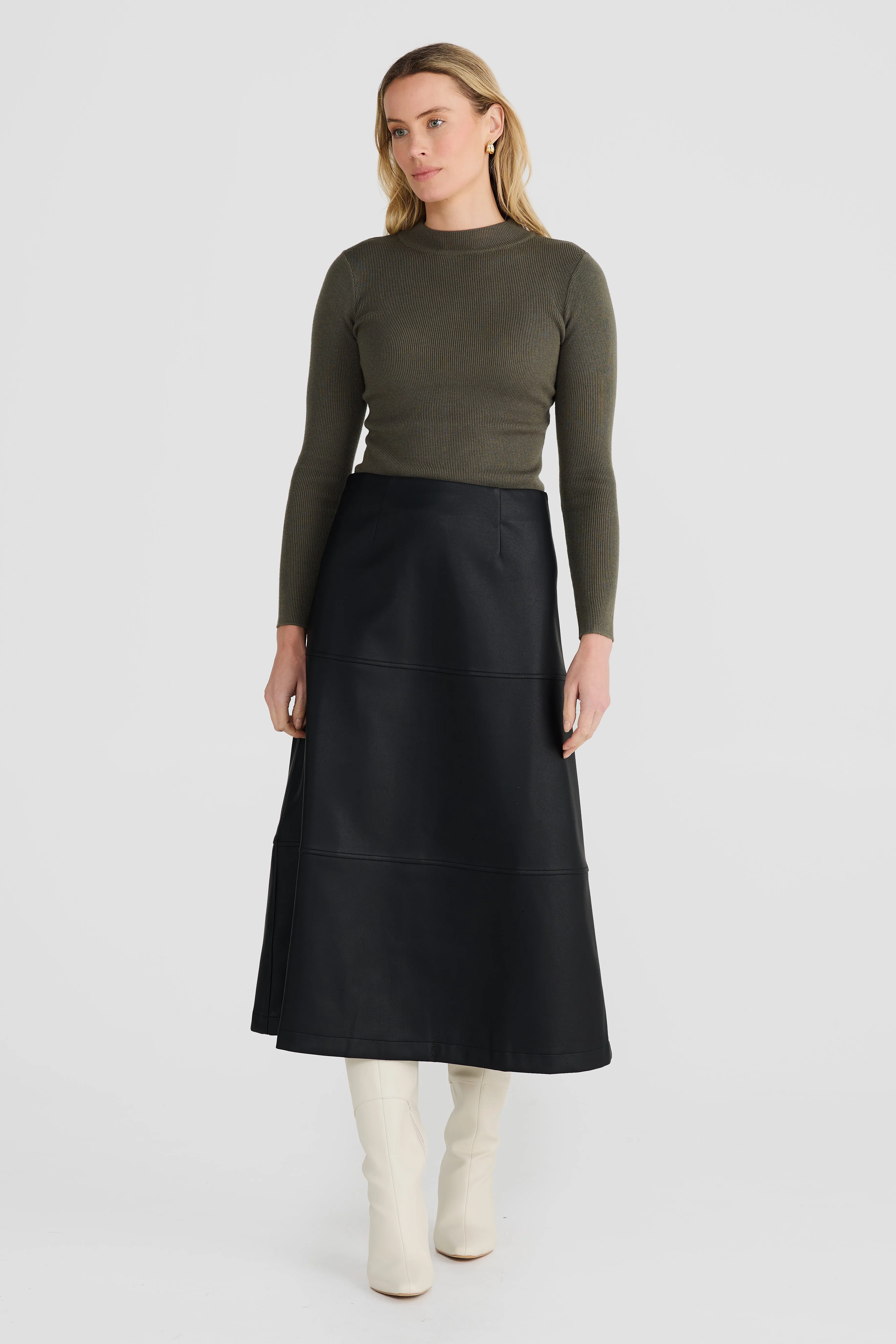 Vegan Leather A-Line Skirt - Black