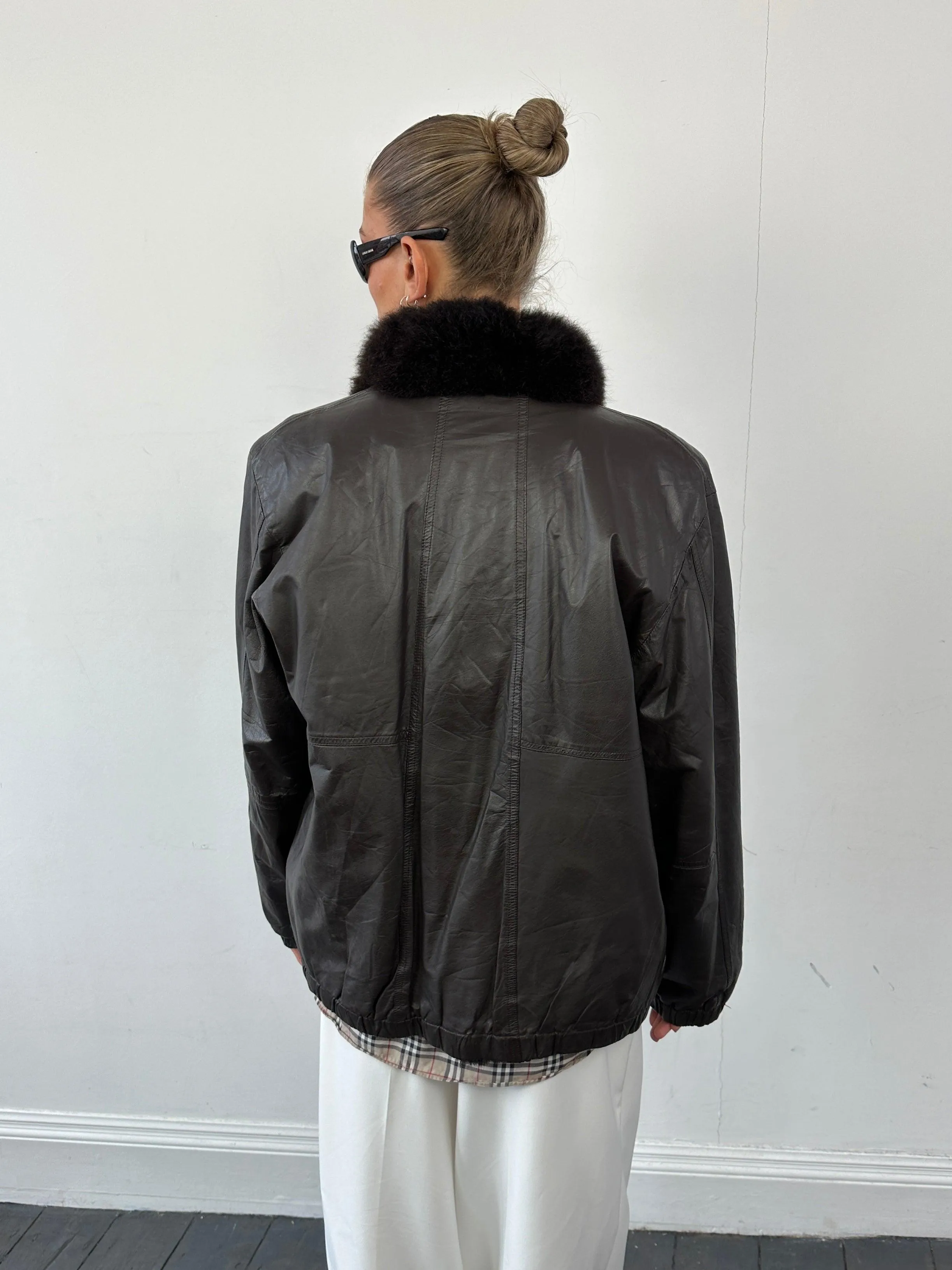 Vintage Faux Fur Lined Minimal Leather Bomber Jacket - S