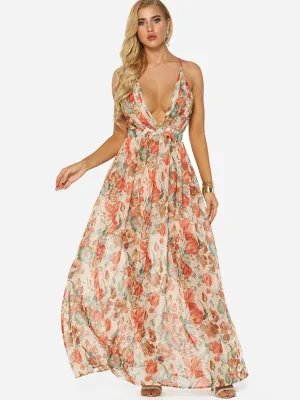 Wholesale Halter Deep V Neck Sleeveless Floral Print Backless See Through Criss-Cross Maxi Dress