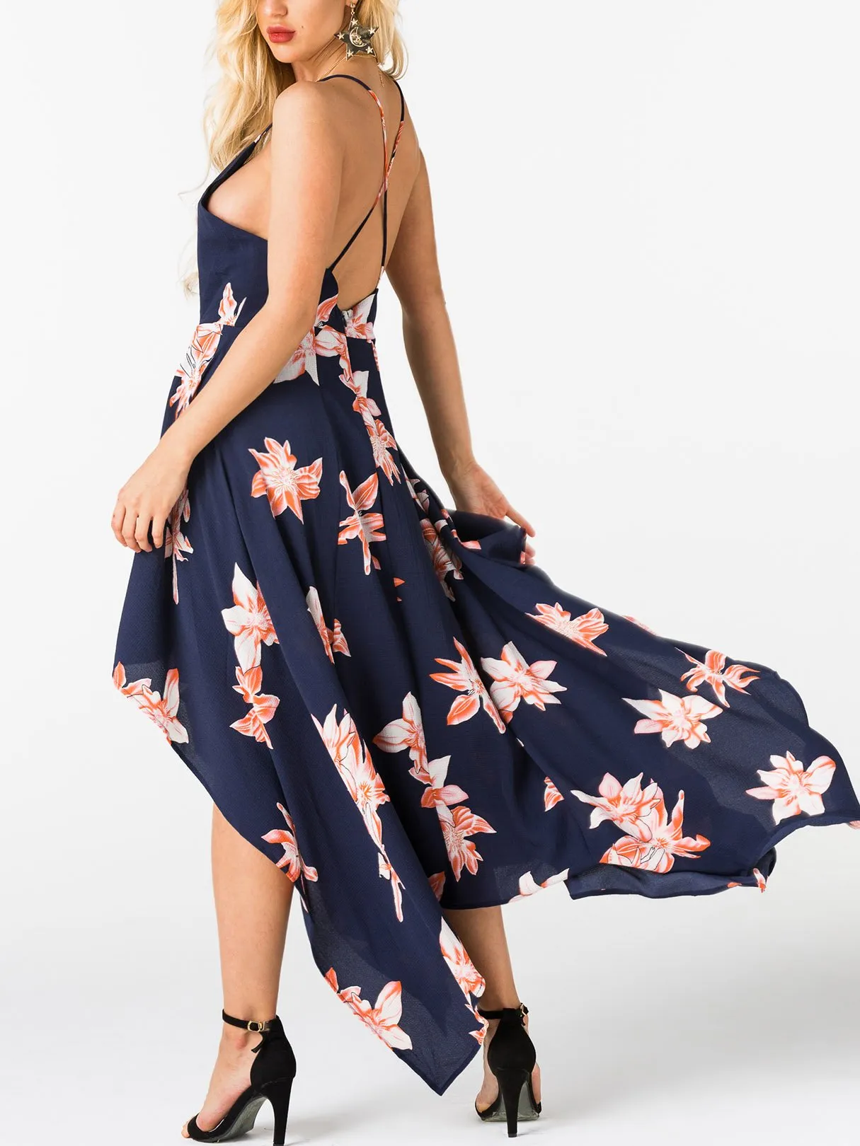 Wholesale Navy Deep V-Neck Sleeveless Floral Print Zip Back Criss-Cross Irregular Hem Maxi Dresses