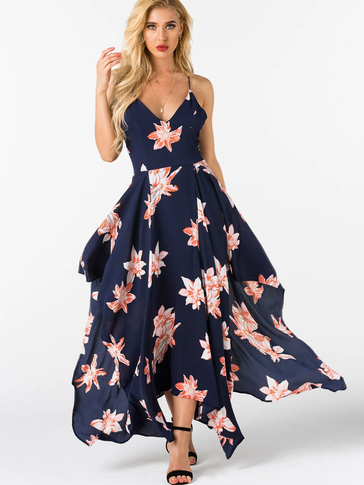 Wholesale Navy Deep V-Neck Sleeveless Floral Print Zip Back Criss-Cross Irregular Hem Maxi Dresses