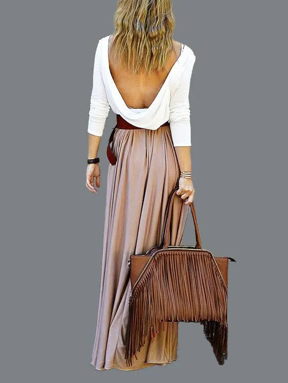 Wholesale Round Neck Long Sleeve Backless Pleated Maxi Dresses