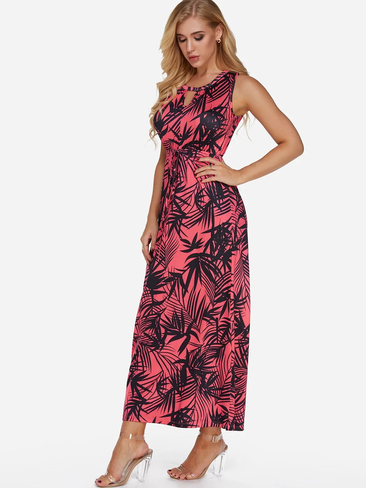 Wholesale Round Neck Sleeveless Floral Print Lace-Up Cut Out Maxi Dress