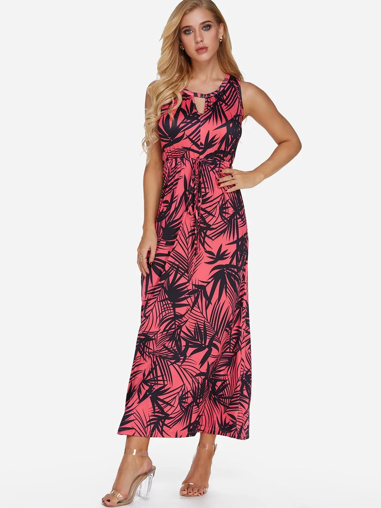 Wholesale Round Neck Sleeveless Floral Print Lace-Up Cut Out Maxi Dress