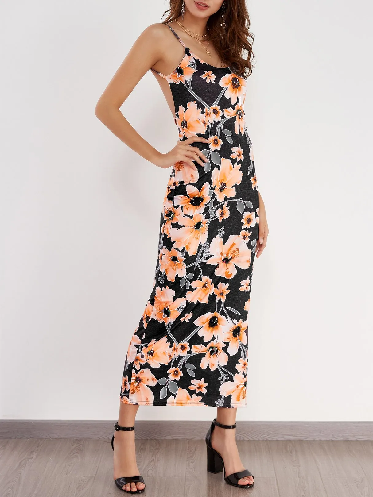 Wholesale Scoop Neck Sleeveless Floral Print Backless Slit Hem Maxi Dresses