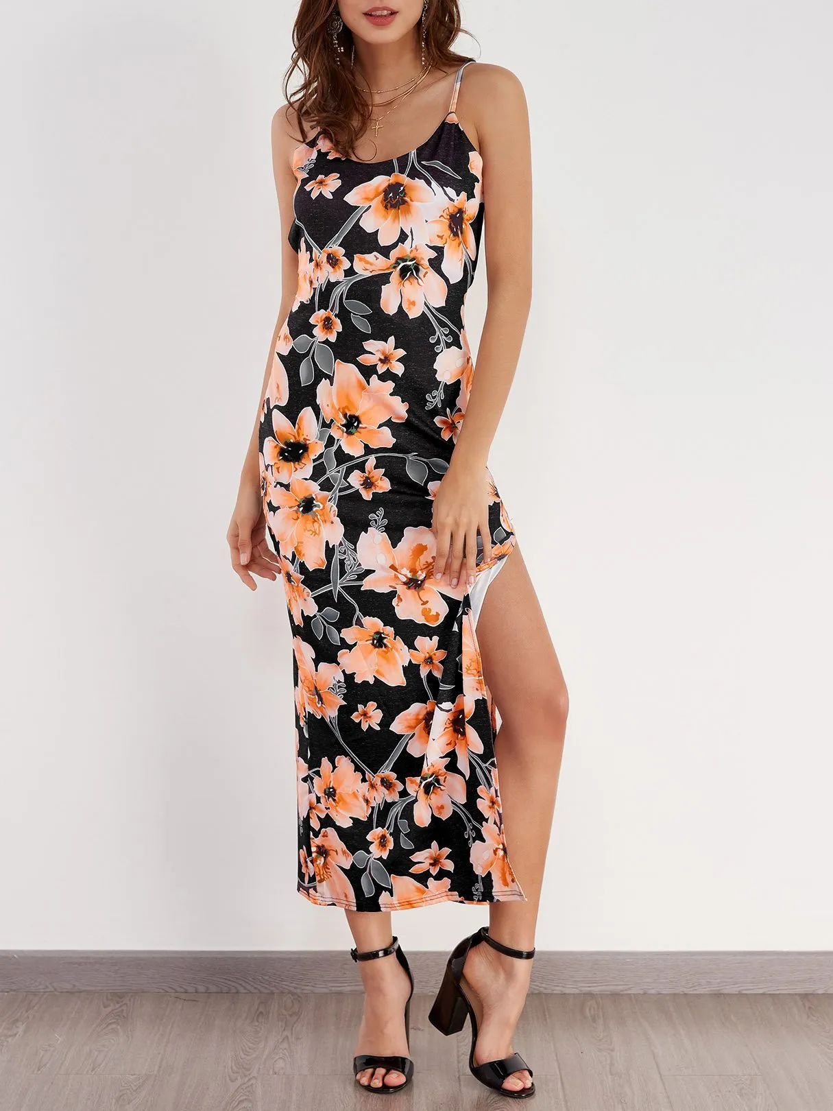 Wholesale Scoop Neck Sleeveless Floral Print Backless Slit Hem Maxi Dresses