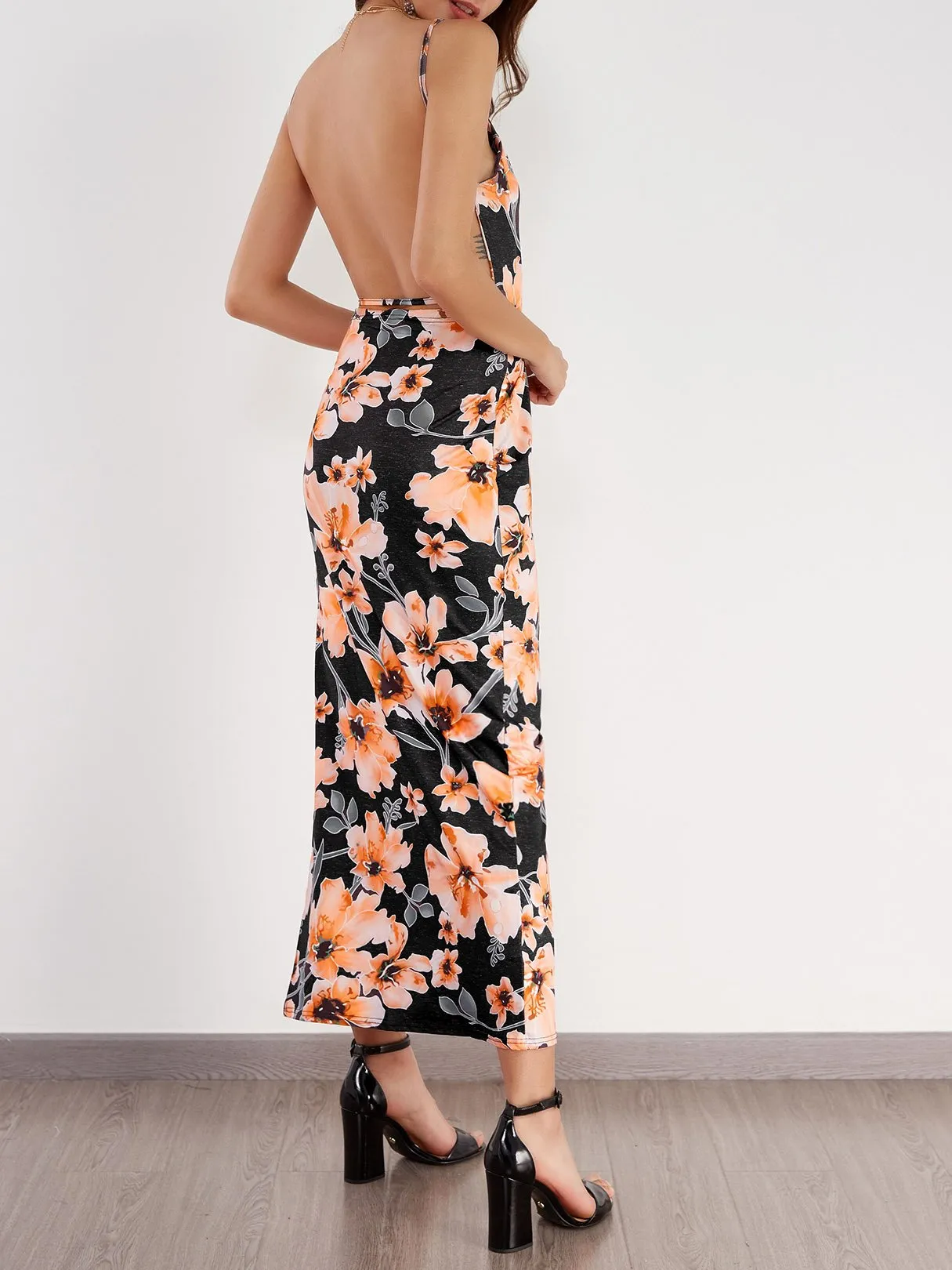 Wholesale Scoop Neck Sleeveless Floral Print Backless Slit Hem Maxi Dresses