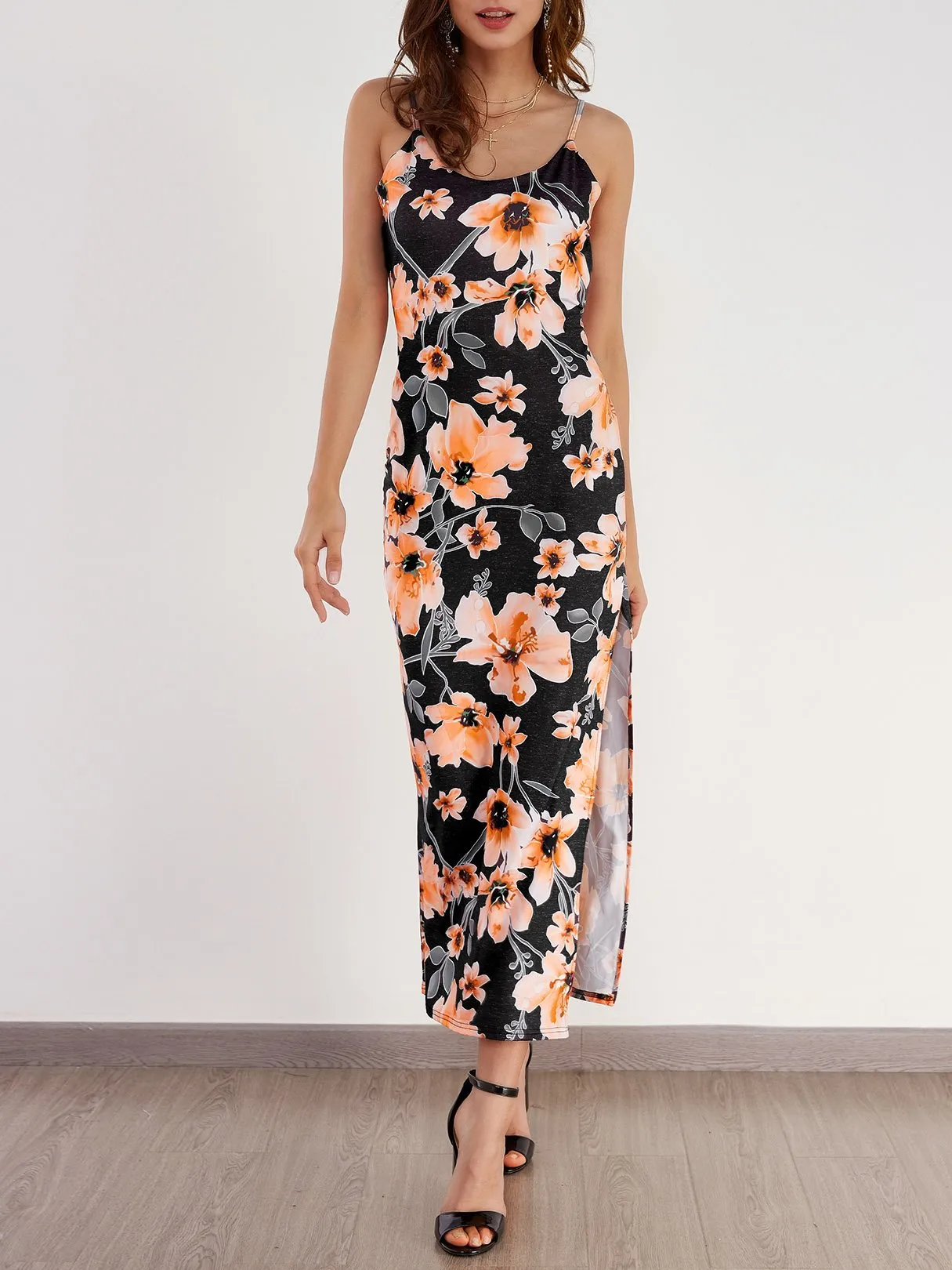 Wholesale Scoop Neck Sleeveless Floral Print Backless Slit Hem Maxi Dresses