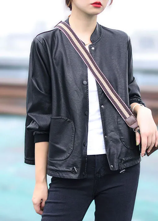 Women Black button drawstring Stand Collar Faux Leather Coats Long Sleeve