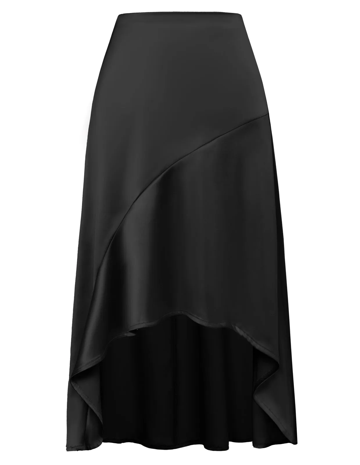 Women High-Low Satin Skirt Elastic High Waist A-Line Midi Skirt