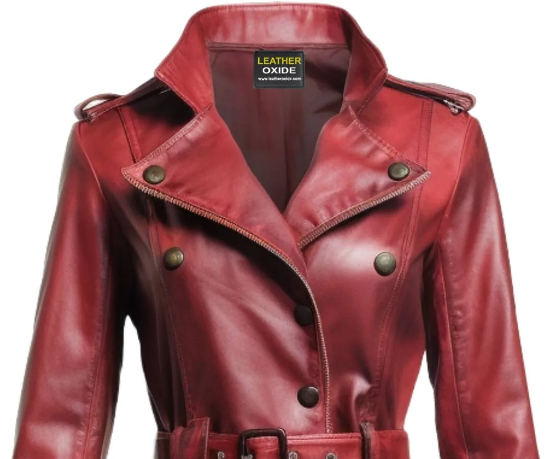 Women Red Leather Distressed Long Leather Coat - Red Distressed Long Leather Coat