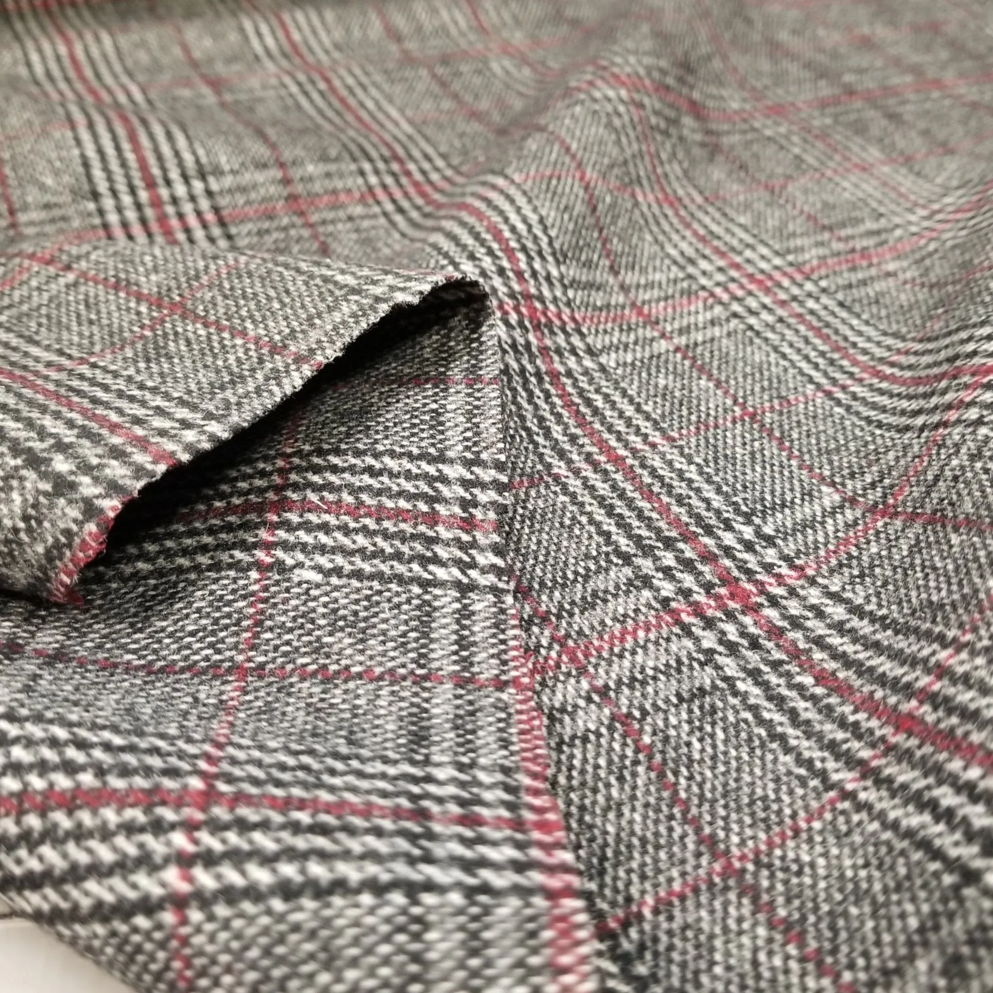 Wool Blend Melton Glen Plaid Charcoal and Red Woven-Sold by the yard